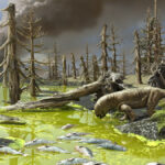 Illustration av urtida landskap med döda fiskar i en flod full av alger.