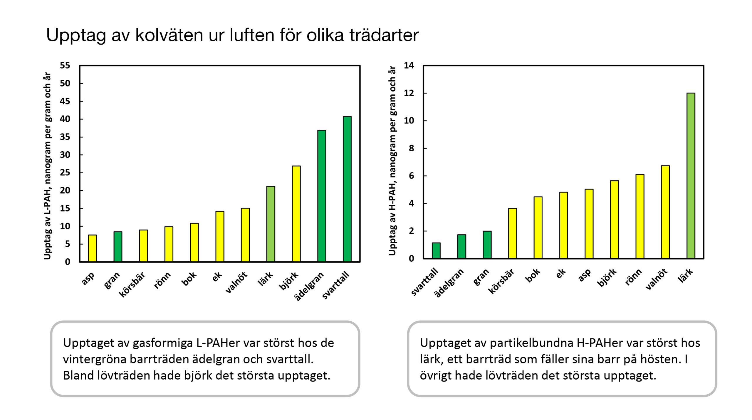 Diagram över trädens förmåga att ta upp kolväten