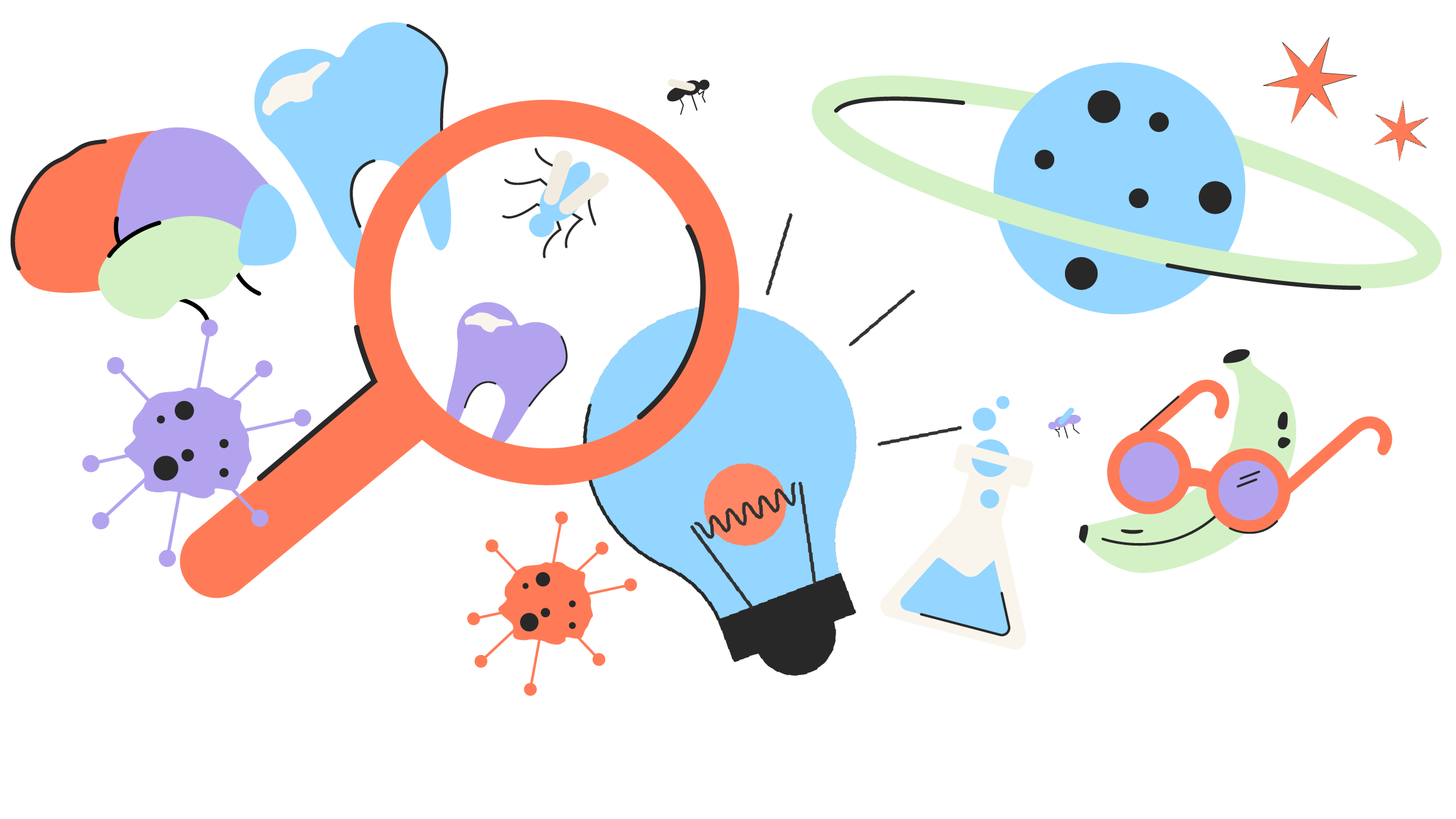 Flera små illustrationer av olika saker med koppling till forskning - hjärna, förstoringsglas, planet, bananflugor, virus etcetera.