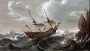 Målning av ett skepp som ser ut som en mindre och smäckrare version av Vasakeppet.