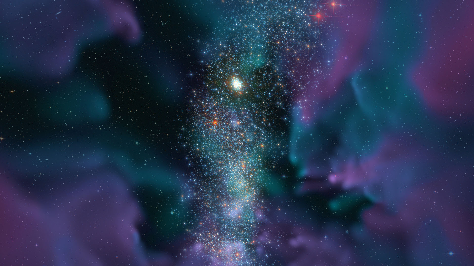 I mitten ses ett vitt kluster omgivet av gasliknande moln.