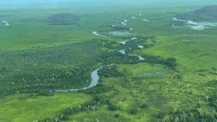 Flygbild över flodsystem omgivet av grönt landskap.