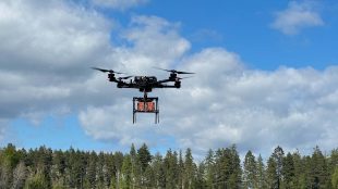 Drönare flyger över skogsområde.