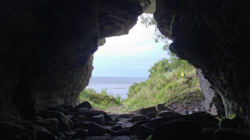 Stor grotta sedd inifrån. Grönska och hav utanför.