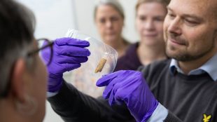 En person med mörklila handskar håller upp en genomskinlig påse med en brunt bit inuti. Tre andra personer tittar på biten.