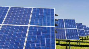 Rader av paneler med blå solceller, på grönt fält.