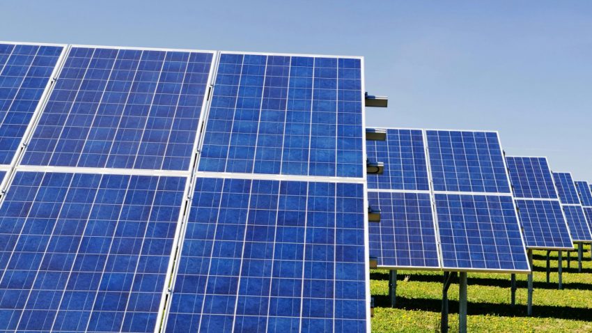 Rader av paneler med blå solceller, på grönt fält.