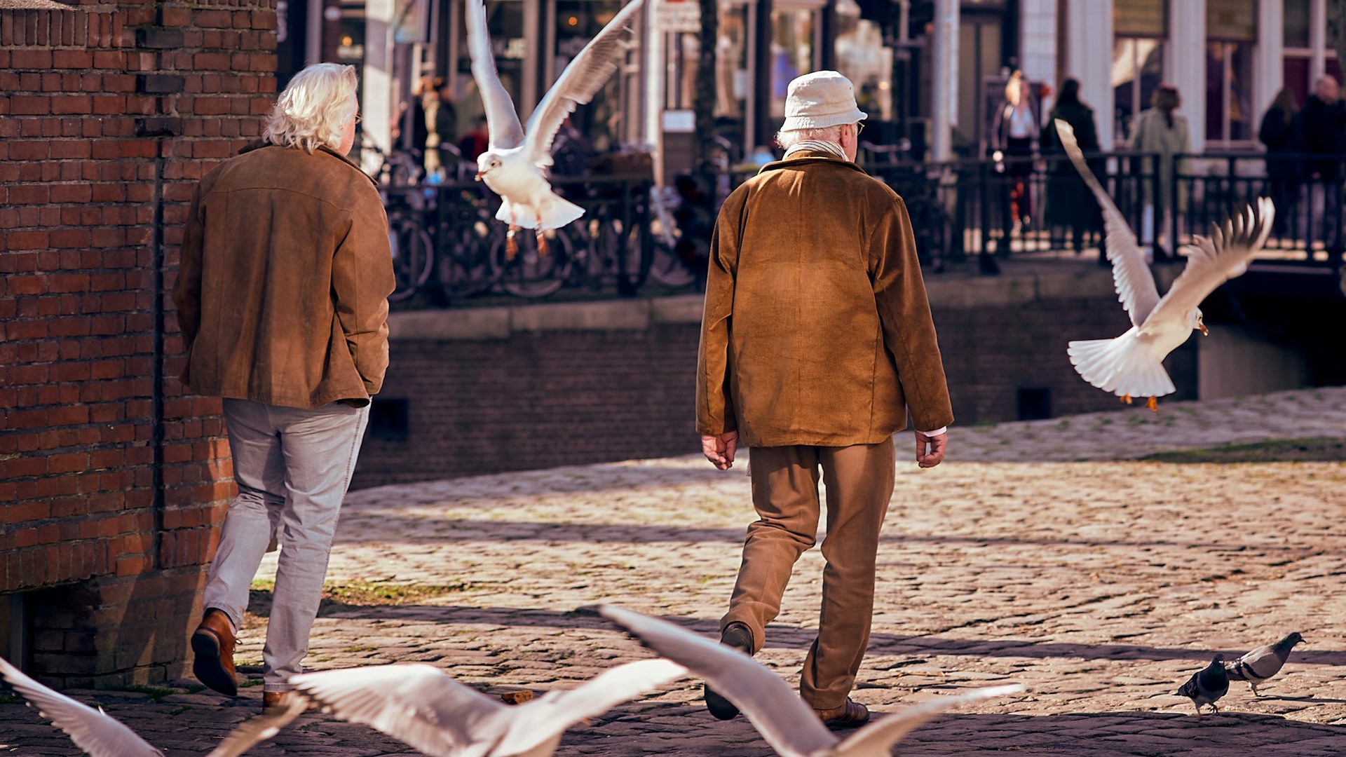 Två vithåriga än i bruna jackor promenerar längs å, fiskmåsar i luften.