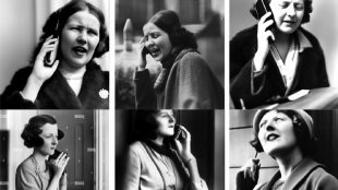 Svartvitt bildcollage av gammaldags klädda kvinnor som talar i mobiltelefon.