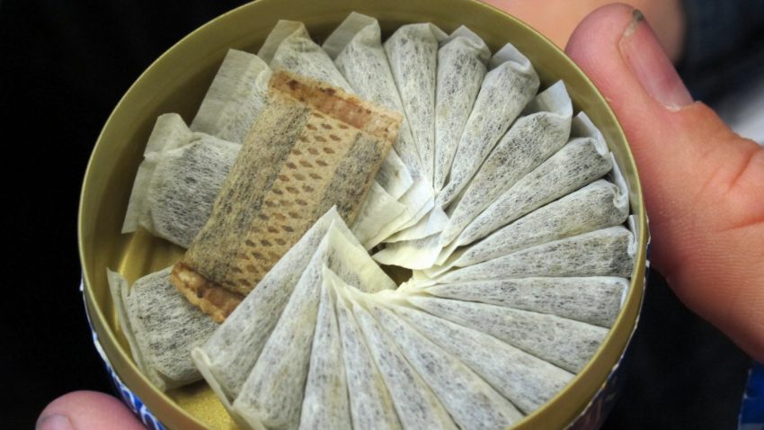 En öppnad snusdosa med portionssnus inuti.