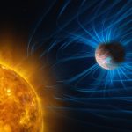Exoplanet med magnetfält och en glödande stjärna.
