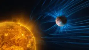 Exoplanet med magnetfält och en glödande stjärna.