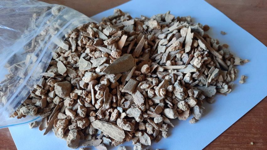 Plastpåse med många benbitar.