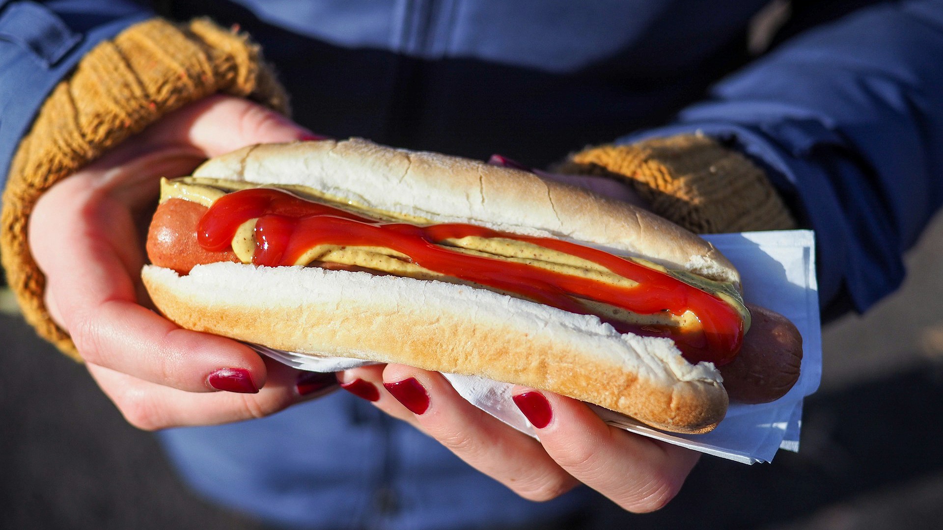 Två händer håller i varmkorv med bröd och ketchup och senap.